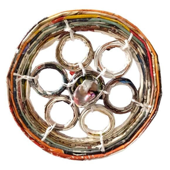 Coiled Paper Basket With Lid Vintage Handmade Pinwheel Design Recycled Newspaper - Picture 7 of 16